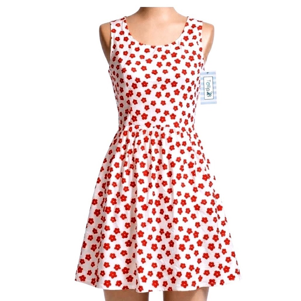 Tulip B Womens Red White Floral Cotton Fit Flare Dress Sleeveless Pockets L